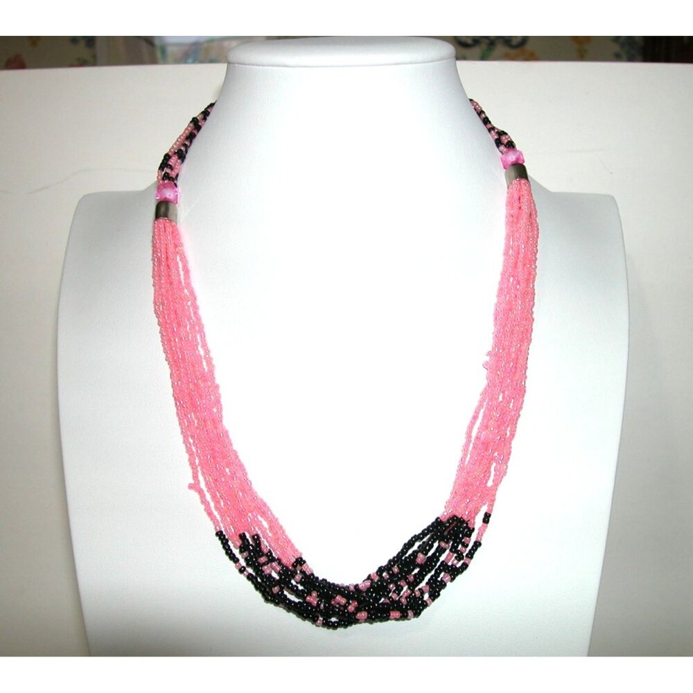 Handmade Multi-Strand Pink & Black Beaded Necklace With Metal Clasp Closure5 blk